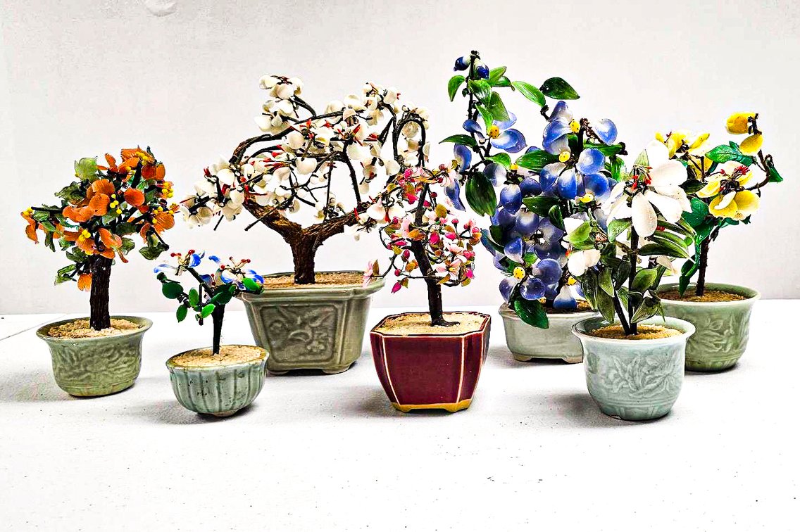Collection of Six Peking Glass Bonsai Flower Arrangements 