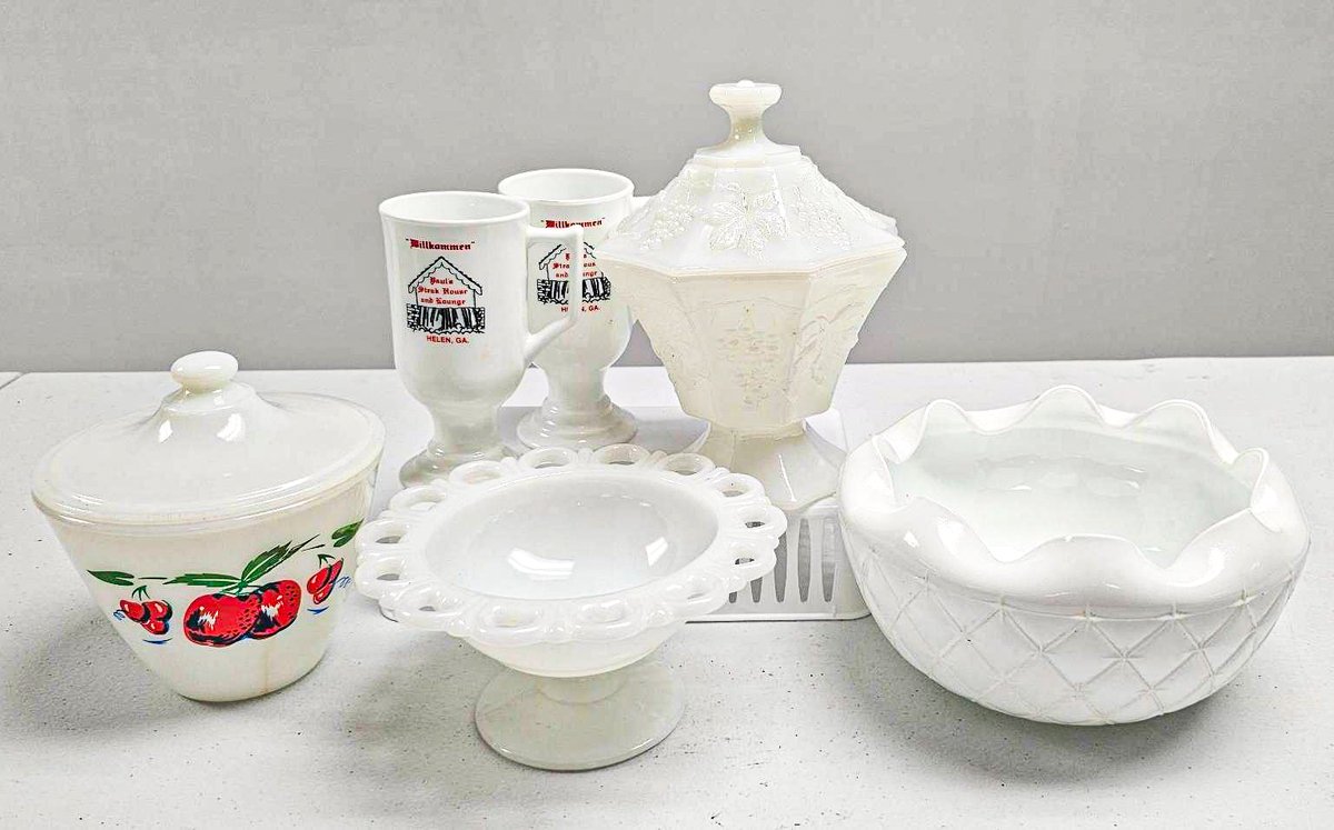 Collection of Milk Glass Items Including Candy Dish and Fire King Casserole