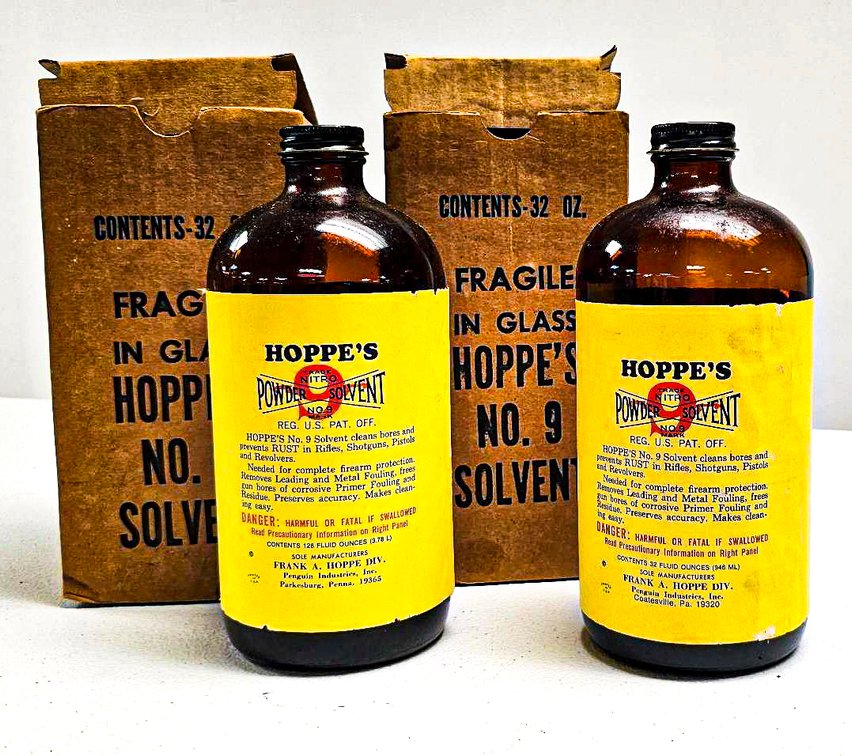 Two Vintage 32 oz Brown Glass Bottles of Hoppe’s No. 9 Solvent with Original Boxes