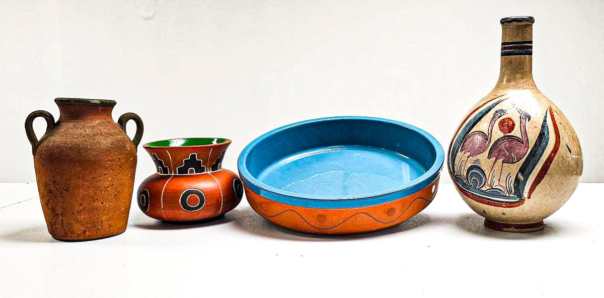 Collection of Four Handcrafted Decorative Pottery Items: Vases and Dish