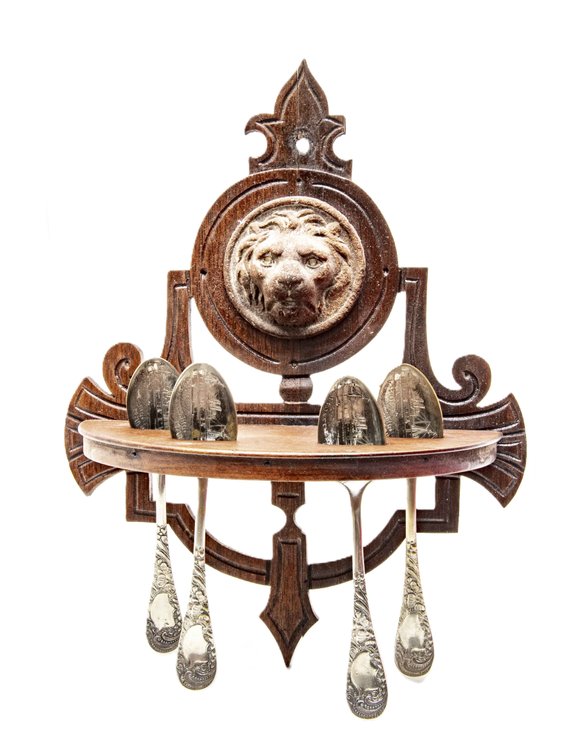 Antique Wooden Lion Head Spoon Holder, Wall Mount