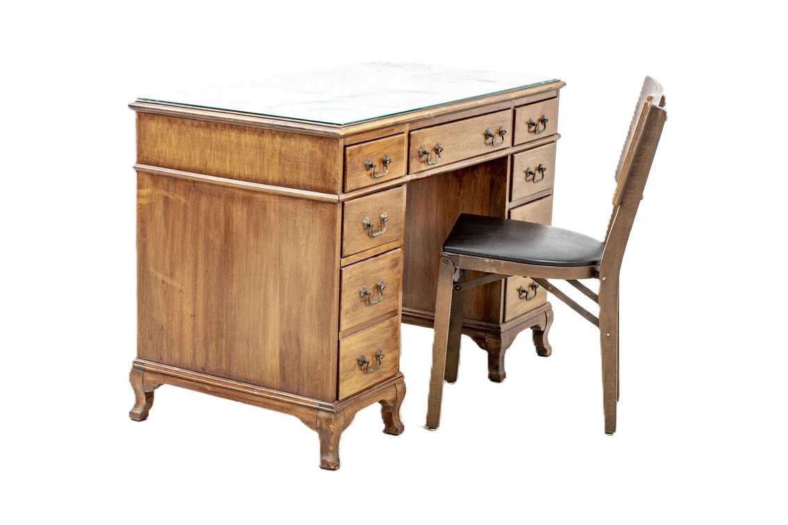 Glass & Leather Topped Desk With Folding Chair