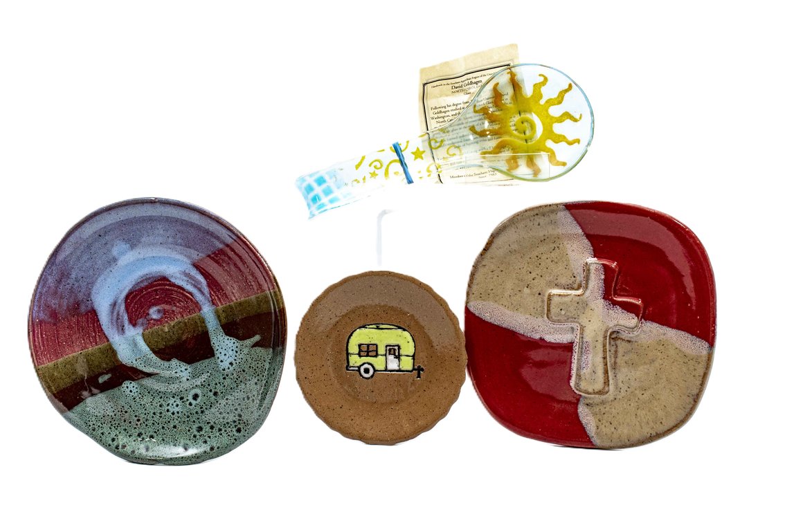 Three Studio Pottery Plates & Glass Spoon Holder
