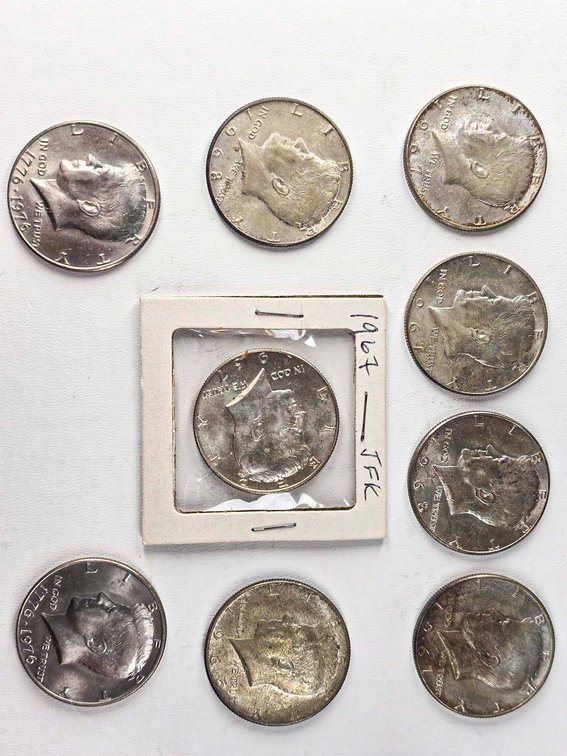 7 40% Silver Kennedy Half Dollars and 2 Bicentennial Kennedy Half Dollars