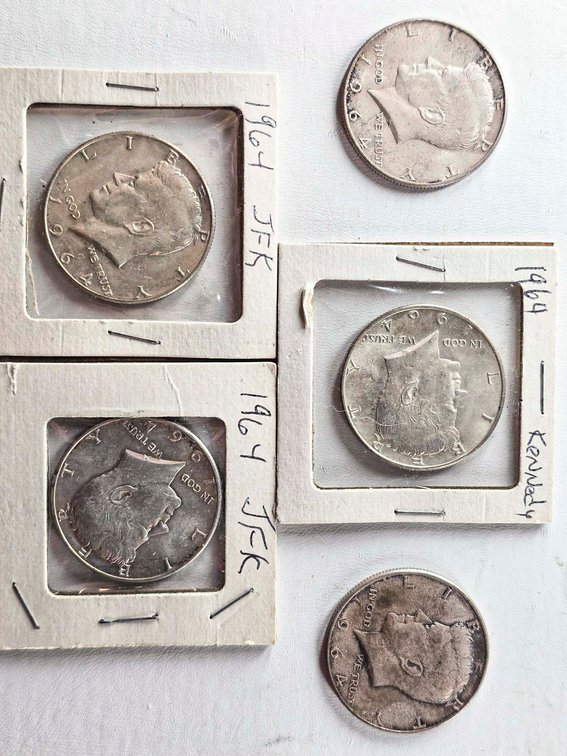 1964 Kennedy Half Dollar Coins Lot of Five, Silver