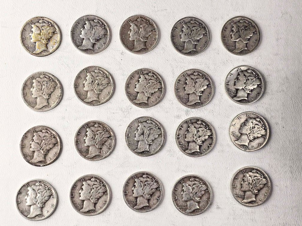 20 1936 Mercury Dimes in Circulated Condition