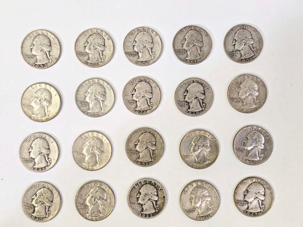 20 Washington Silver Quarters, Circulated Condition