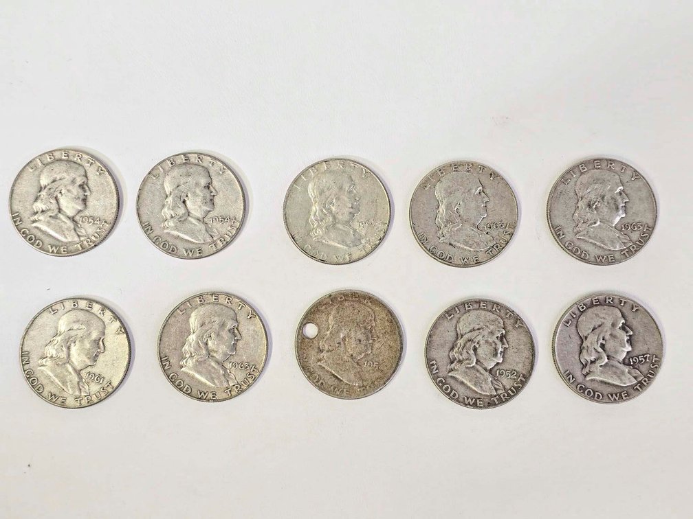 10 Franklin Half Dollars Featuring Benjamin Franklin Bust and Liberty Bell Reverse