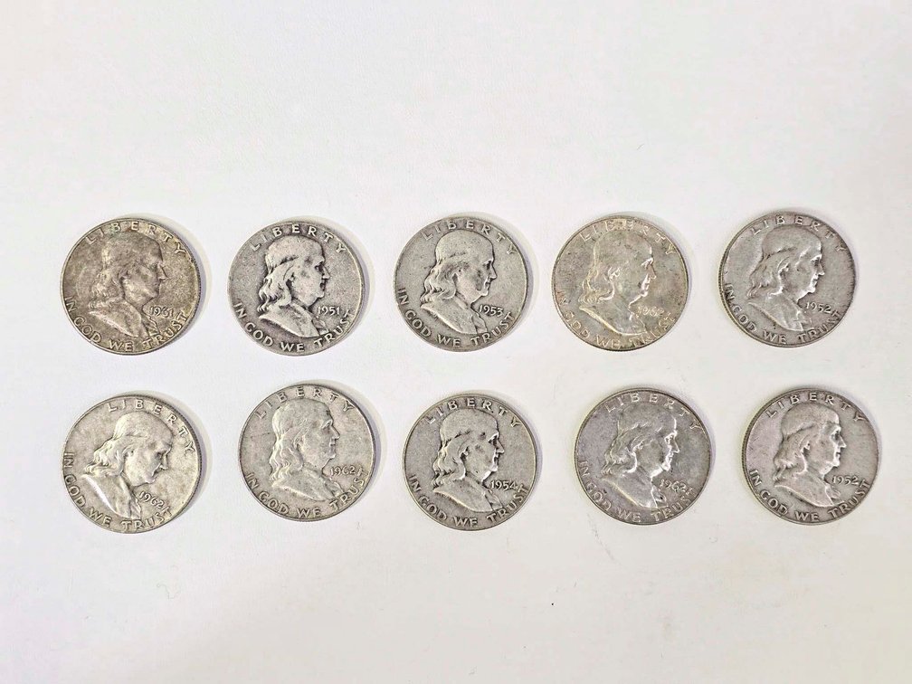10 Franklin Half Dollars Featuring Liberty Bell Design