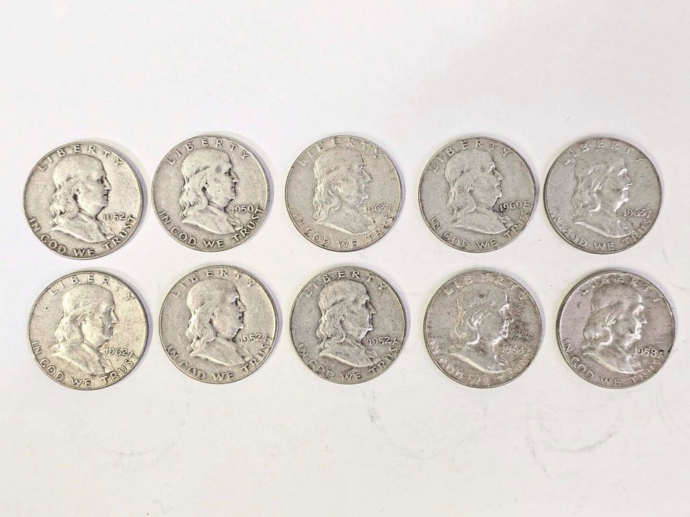10 Franklin Half Dollars Featuring Liberty Bell Reverse