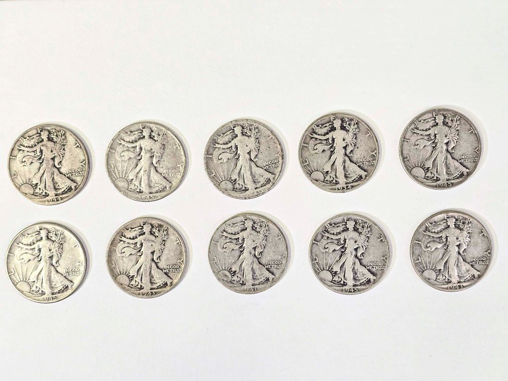 10 Walking Liberty Half Dollars, Various Dates