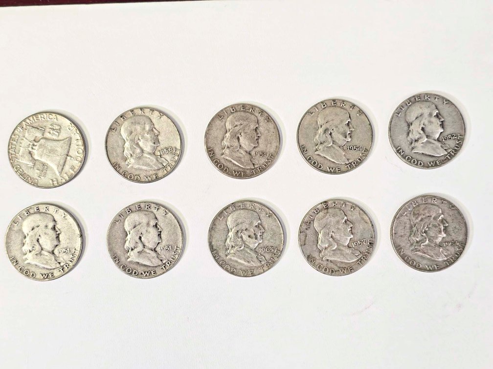 10 United States Franklin Half Dollars