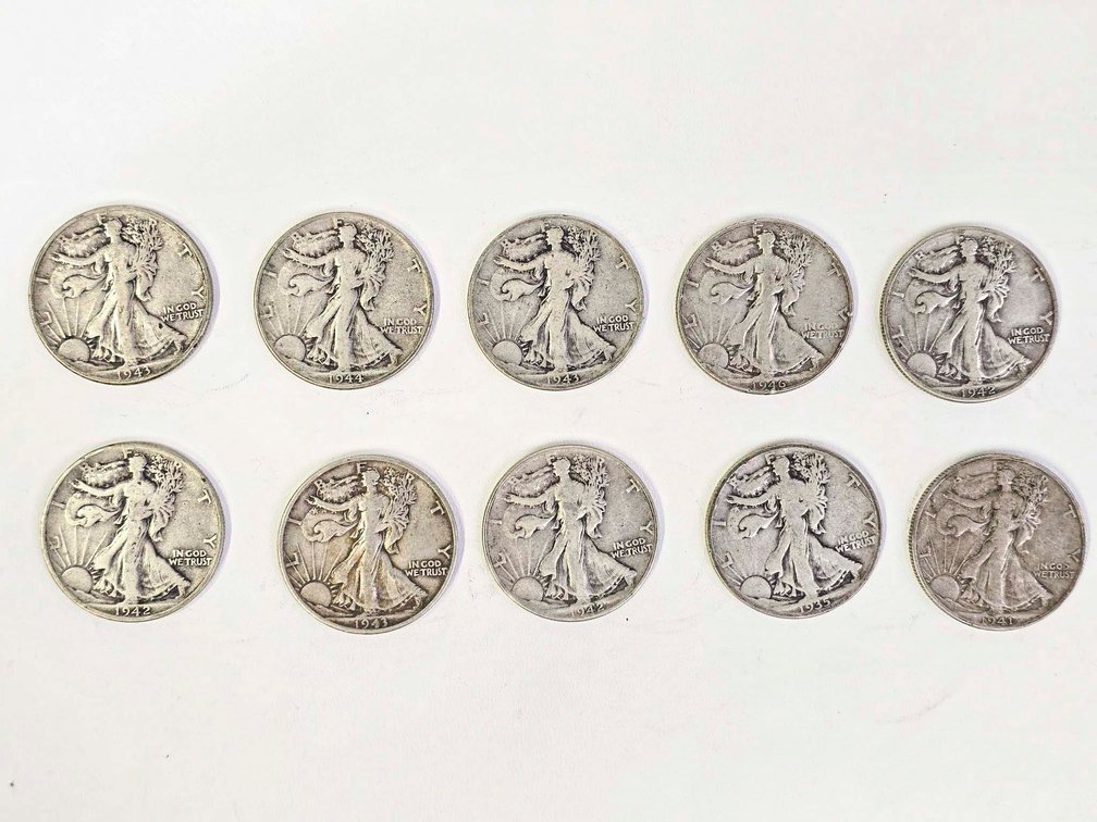 10 Walking Liberty Half Dollars, Various Dates and Mint Marks