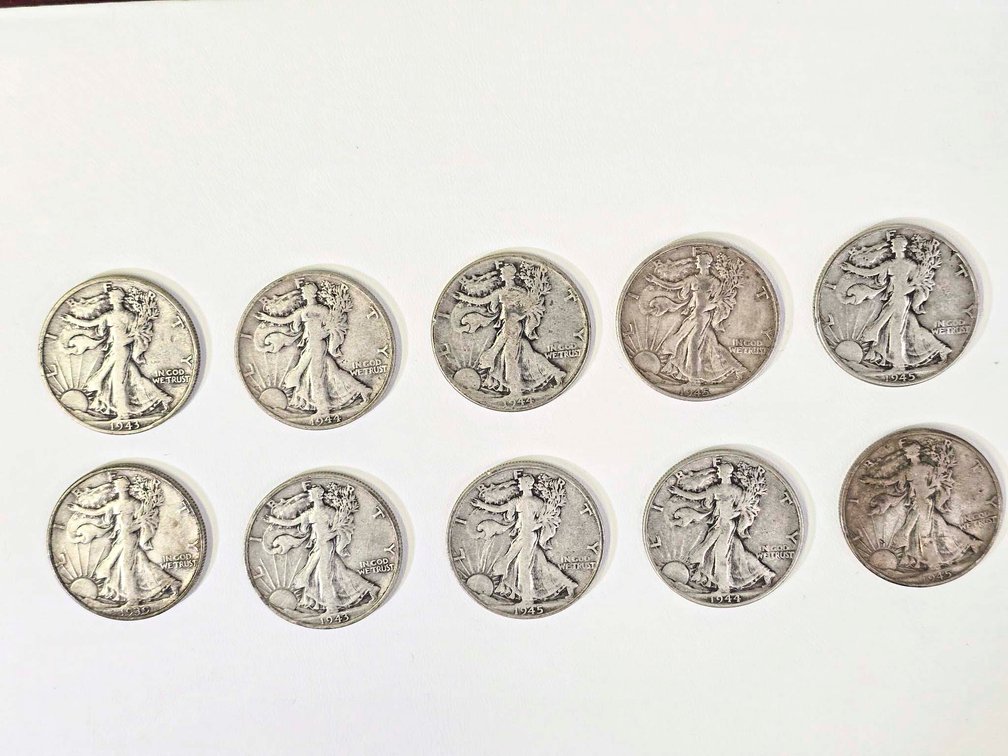 10 Walking Liberty Half Dollars, 1916-1947
