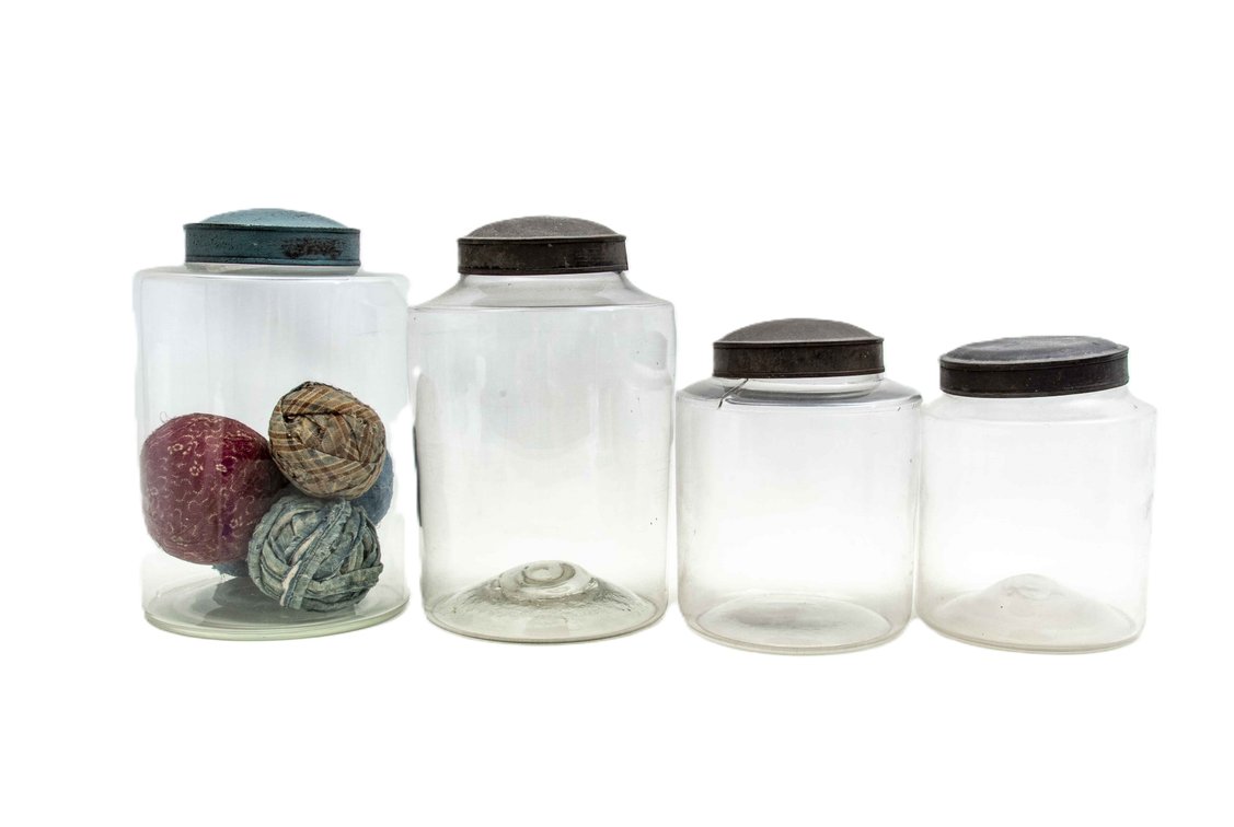 4 Clear Glass Canisters w/ Rag Balls