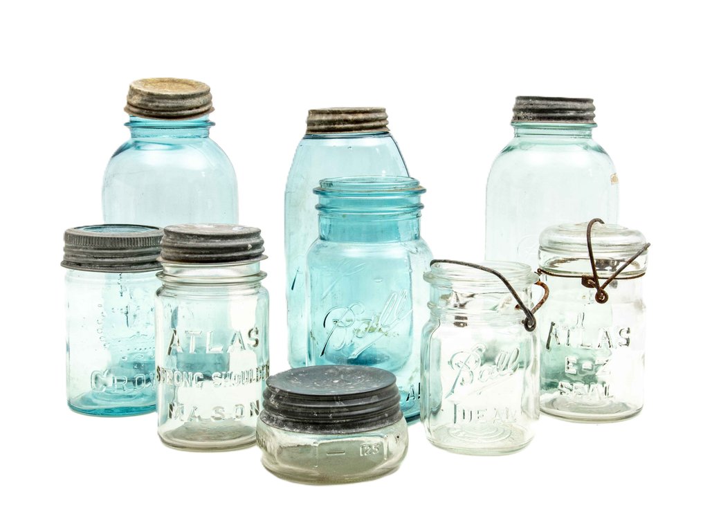 Blue & Clear Glass Ball & Atlas Mason Jars