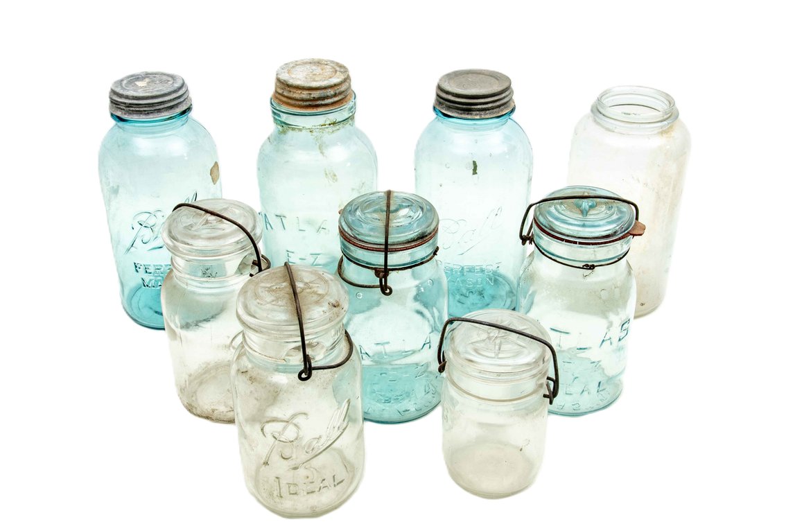 Ball, Schram & Atlas Jars - Blue & Clear Glass