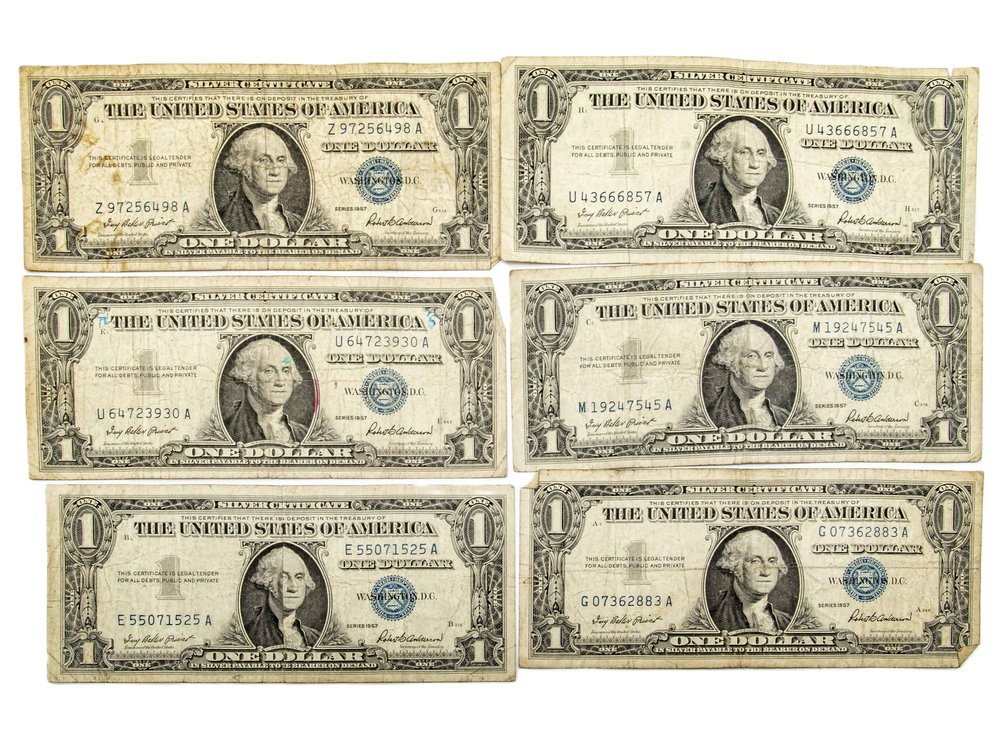 Six- 1957 $1 Silver Certificates