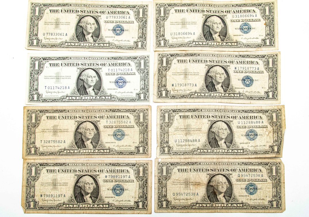 Eight- 1957B $1 Silver Certificates