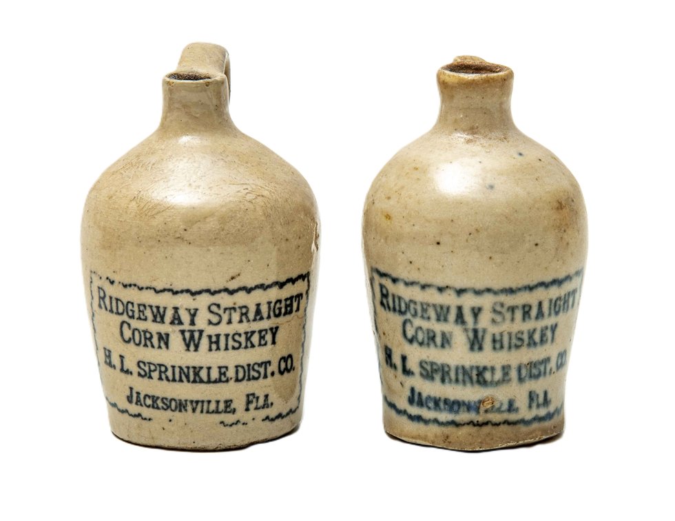 Two (2) Antique Mini Ridgeway Whiskey Jugs