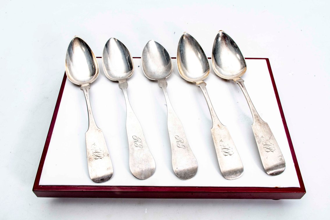 Five Coin Silver Fiddle Back Spoons- 227.7 g