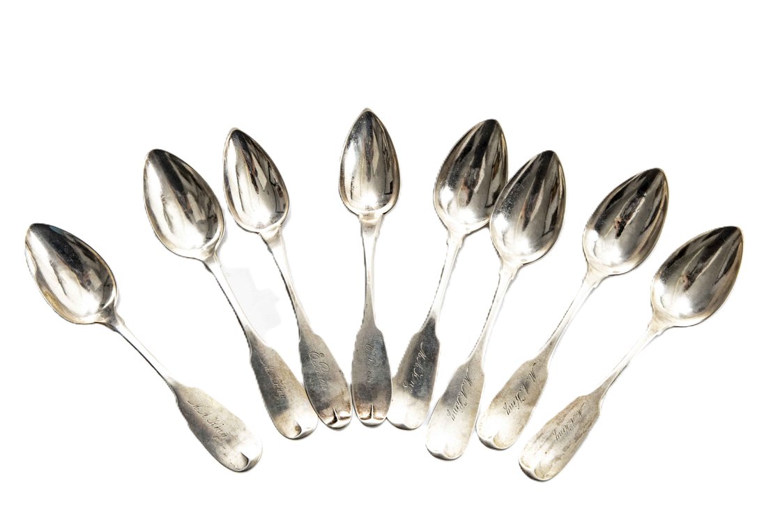 Eight Coin Silver Fiddle Back Spoons- 153.3 g