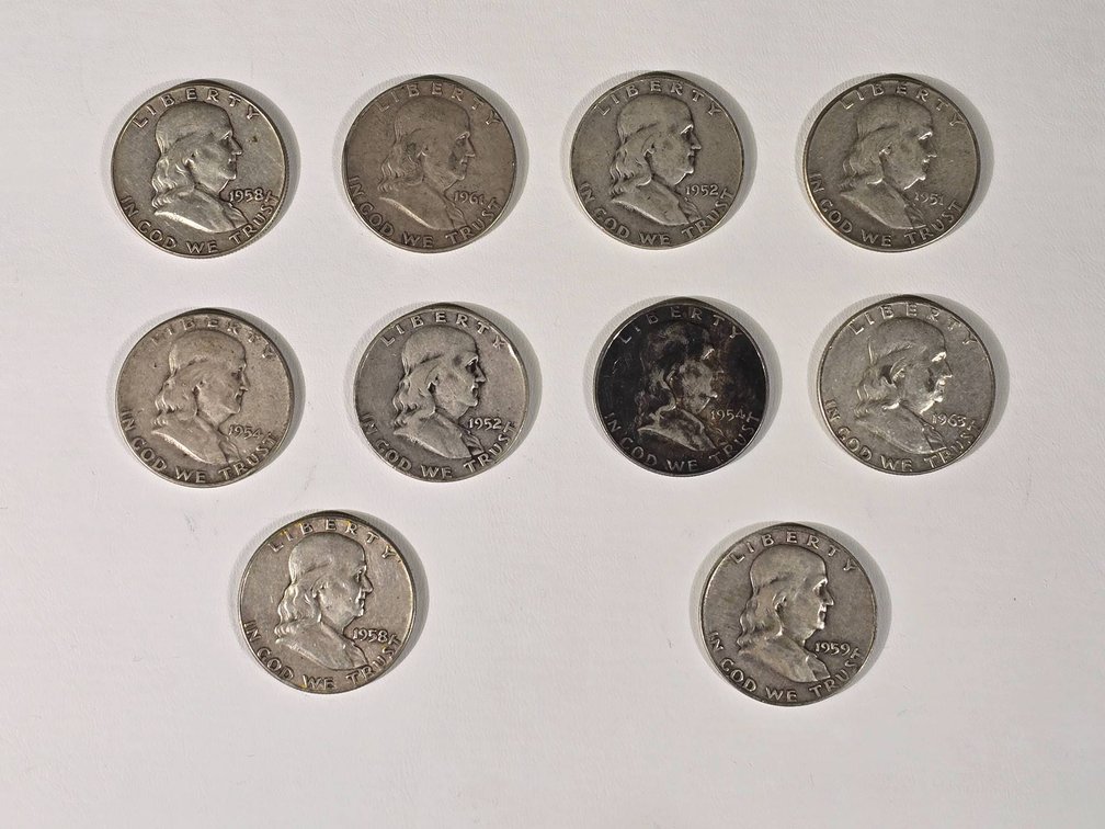 10 Franklin Half Dollars, 90% Silver, Various Years