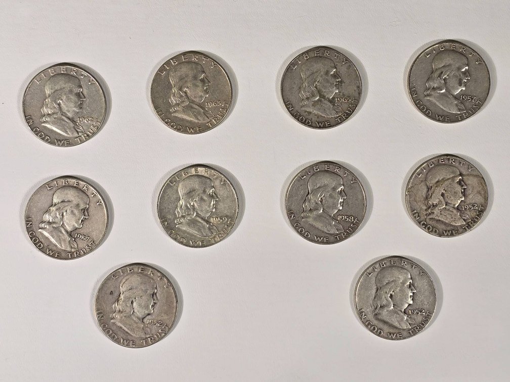 10 Franklin Half Dollars, 90% Silver, Mixed Dates