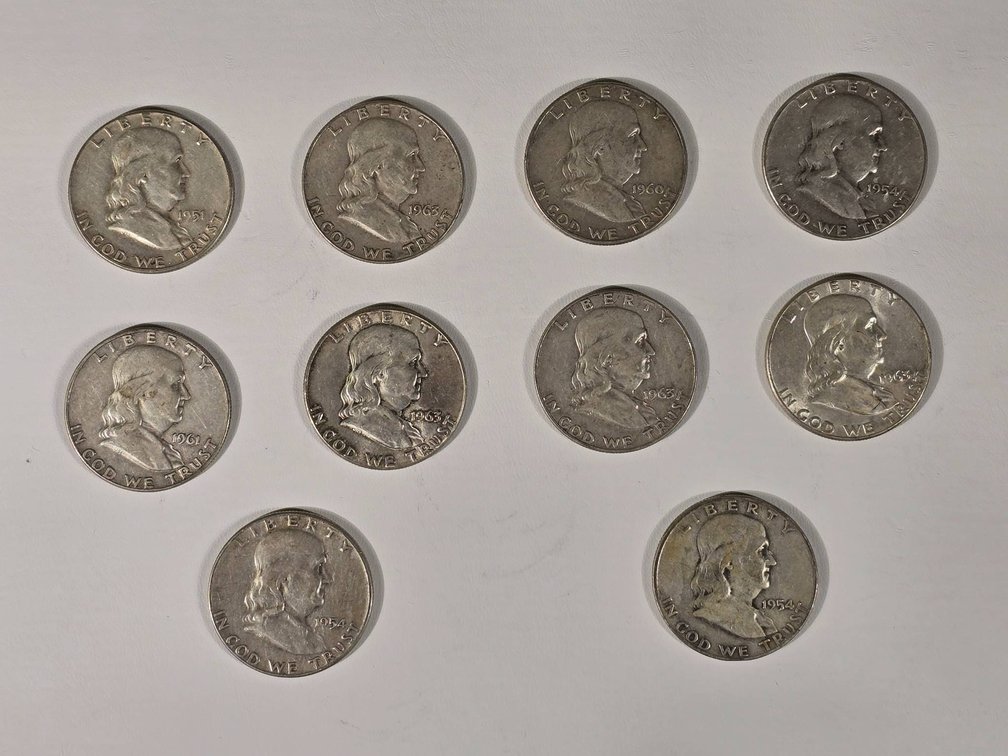 10 Franklin Half Dollar Silver Coins