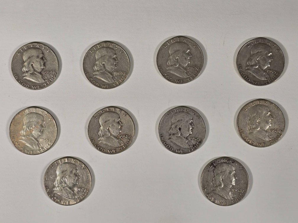 10 Franklin Half Dollars Assorted Years Silver Coins