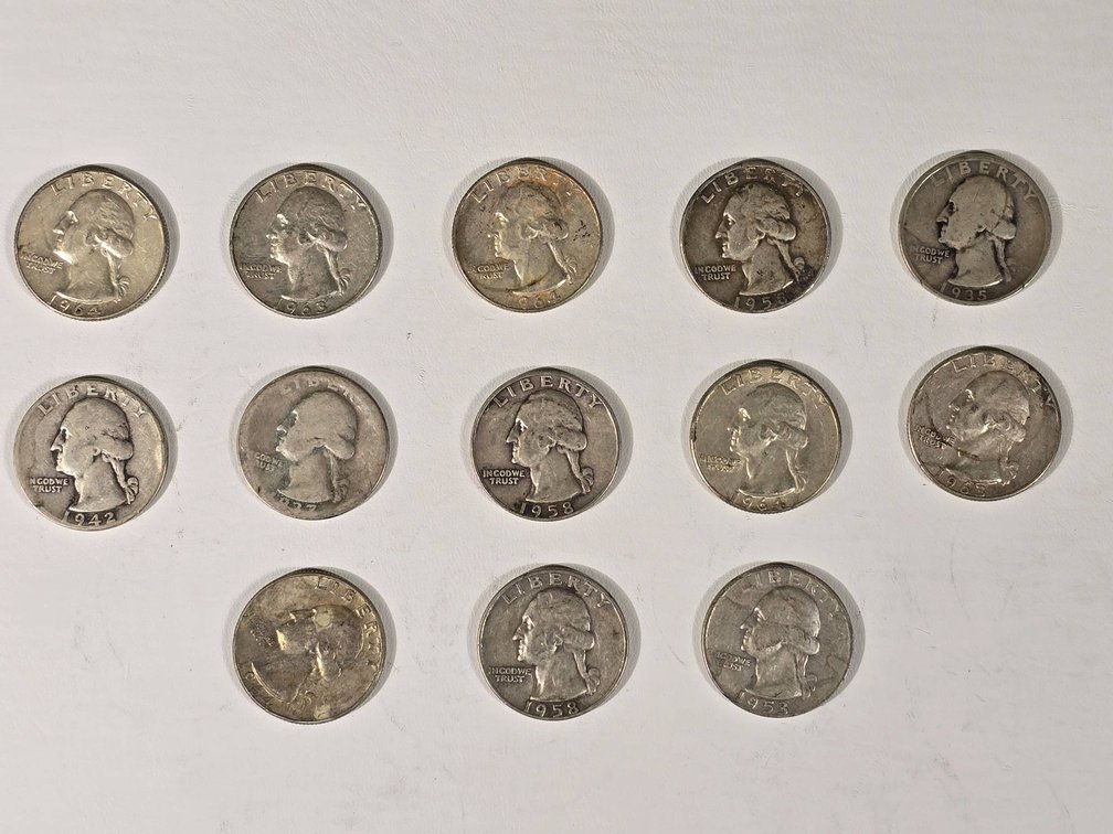 13 United States Washington Quarters, 90% Silver