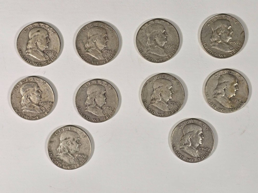 10 Franklin Half Dollars in Circulated Condition