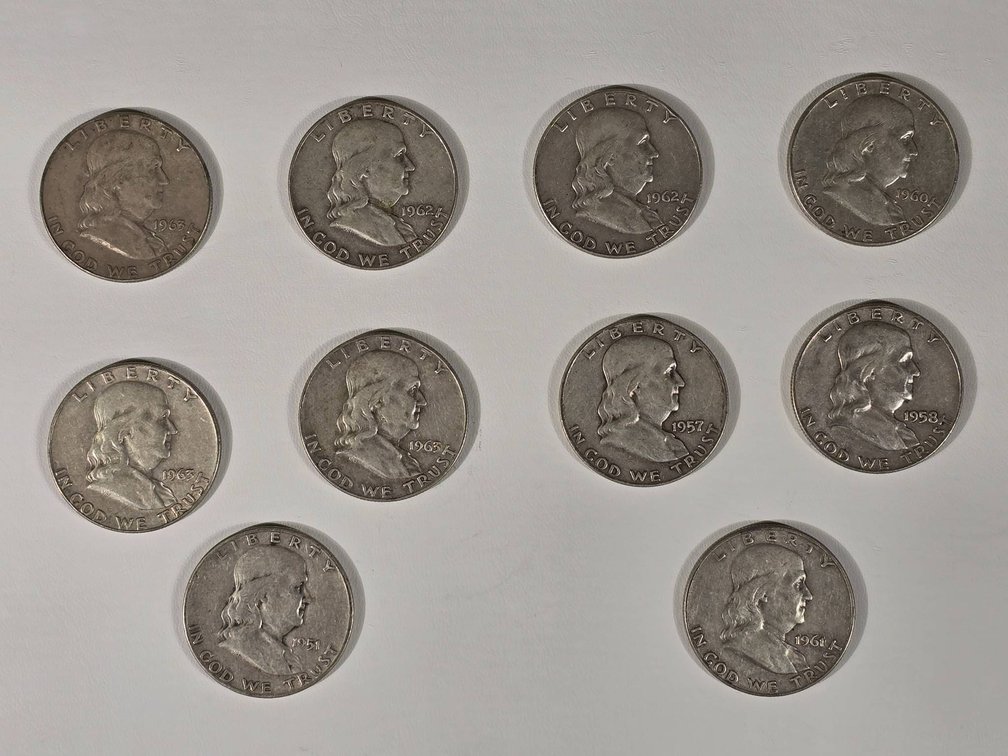 10 U.S. Silver Franklin Half Dollars
