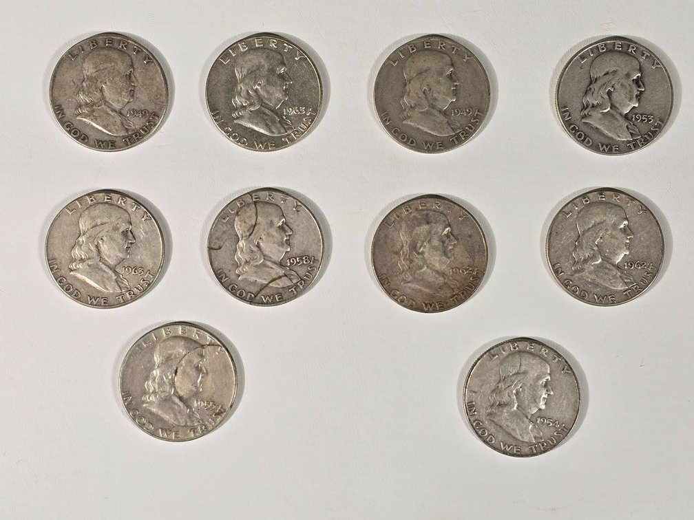 10 Franklin Half Dollars, 90% Silver
