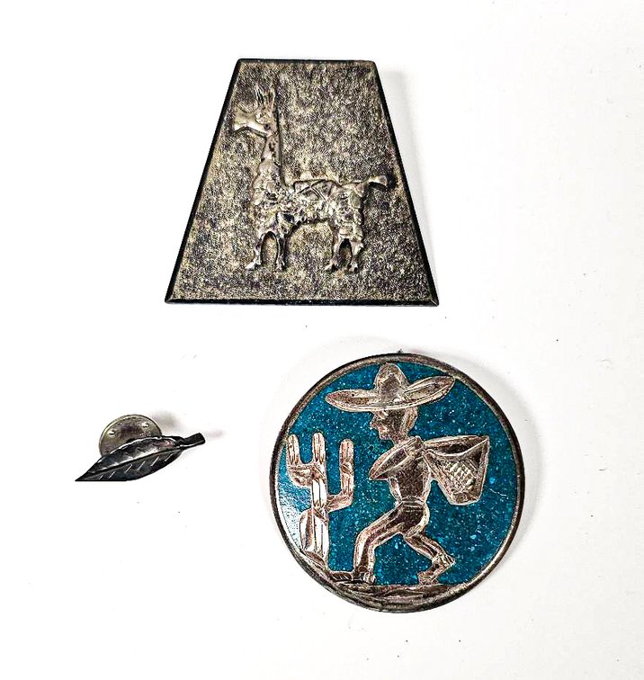 Silver Jewelry Featuring Llama Design, Turquoise Inlay, and Leaf Motifs