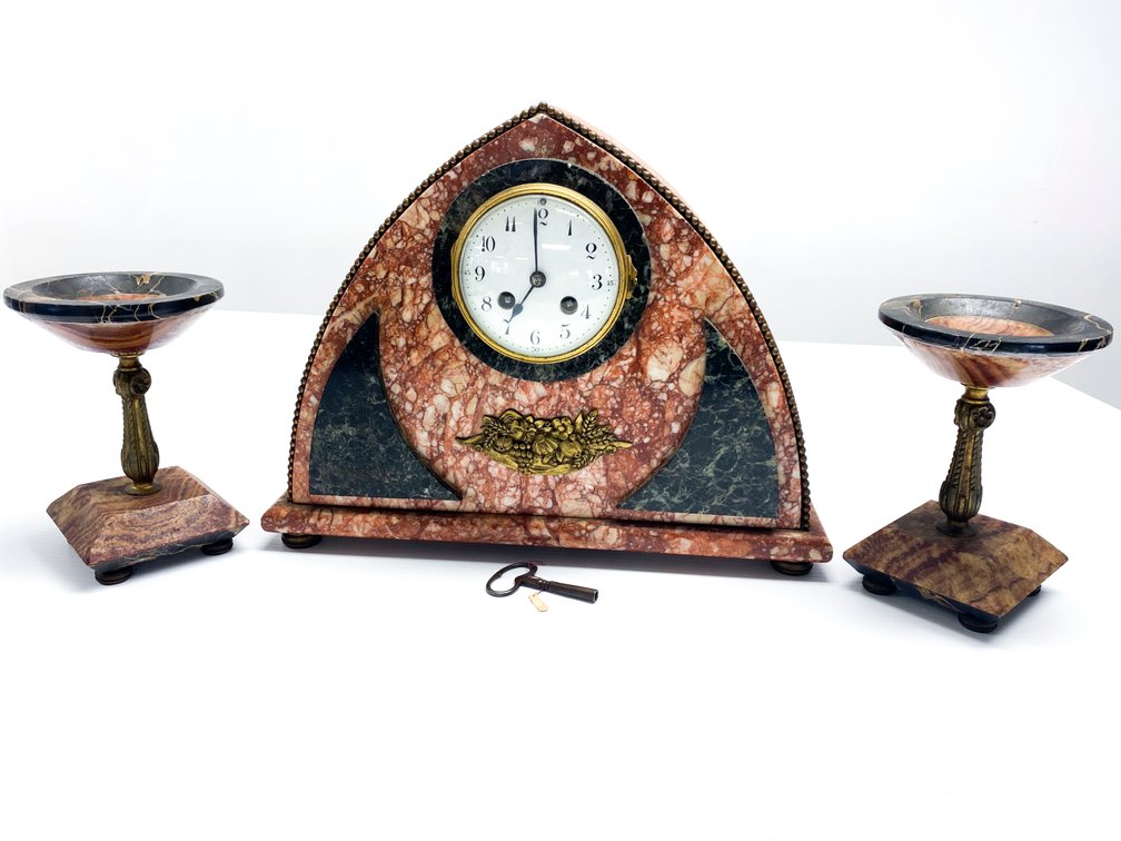 Art Deco Red Onyx & Black Marble Mantel Clock Garniture w/Key