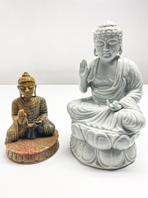 Porcelain Amida Buddha and Carved Stone Buddha