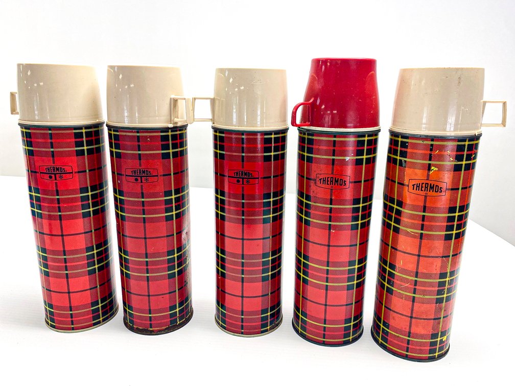 Five Vintage Plaid King-Seeley Thermos Containers 