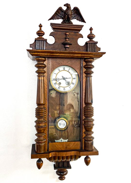 Wooden Wall Clock with German Movement and Eagle Finial