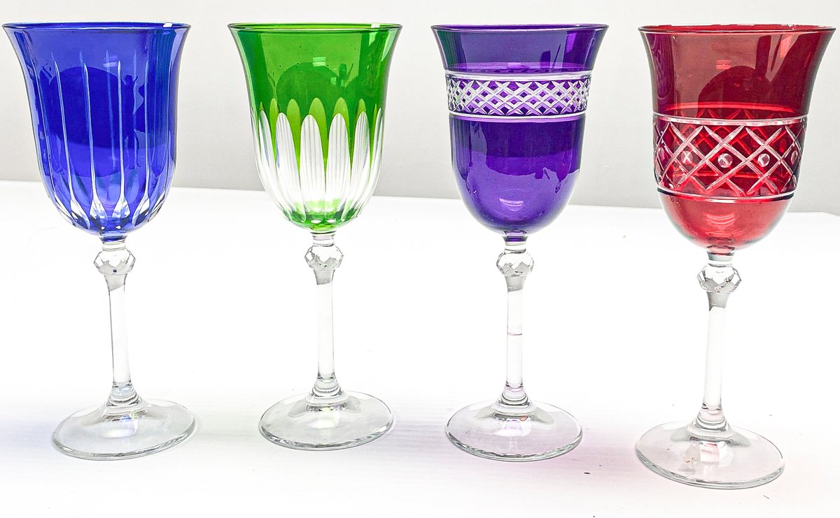 Four Italian Colored Cut Crystal Wine Glasses / Stemware
