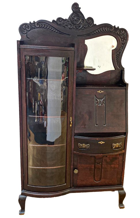 Antique Secretary With Curved Glass and Beveled Mirror