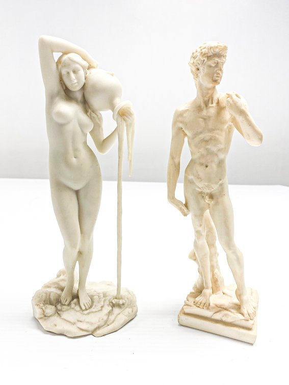 Statues Including Veronese Lady Pouring Water and Marblecast Nude Male
