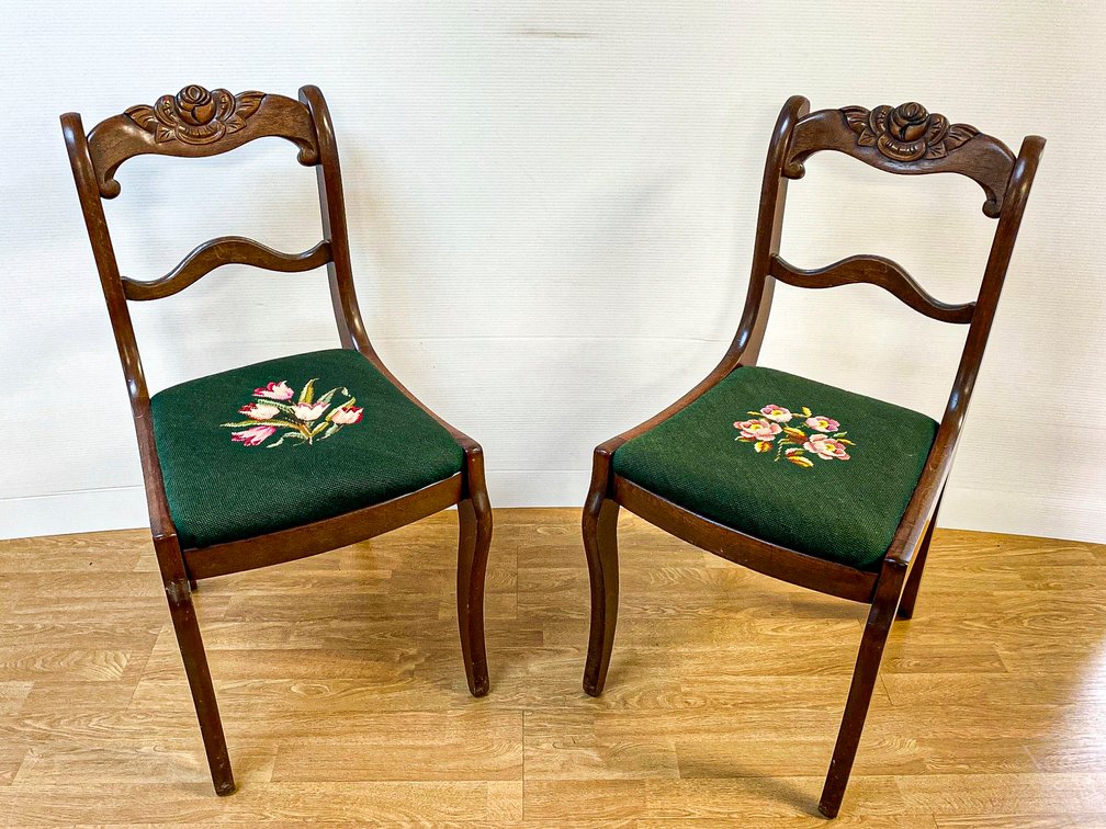 Federal Style Mahogany Chairs with Floral Embroidered Seats