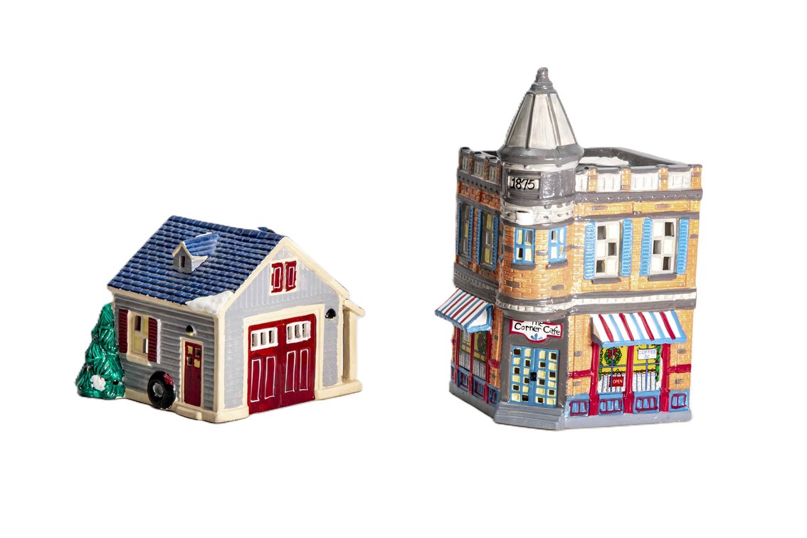 Two- Dept. 56 Snow Village- Corner Cafe & Garage