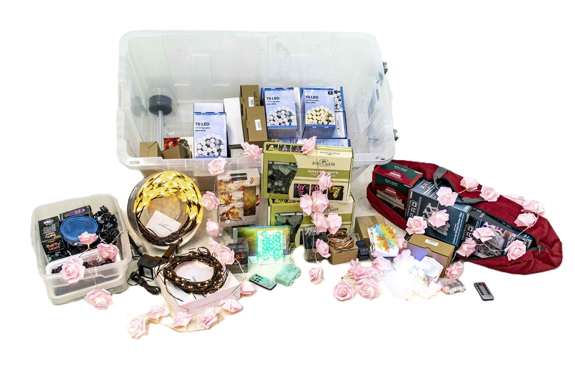 Tote of Various Holiday Lights & Gutter Clips