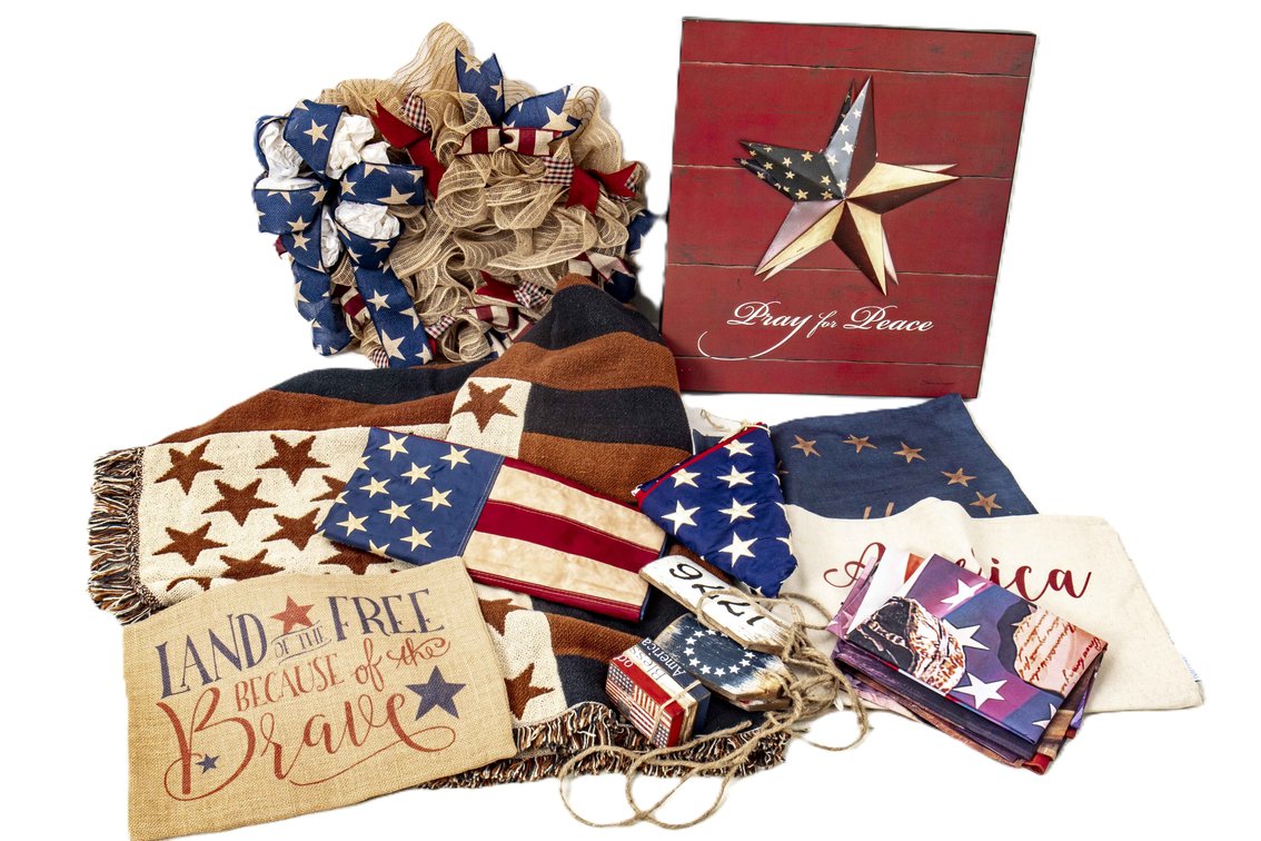 Rustic Country American Wreath, Flag, Throw & More