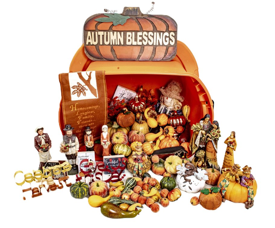 Tub of Assorted Fall/Thanksgiving Decorative Items