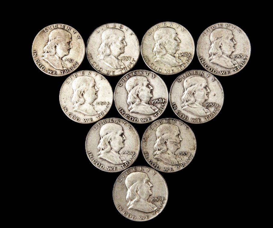 10 Franklin Half Dollars- 1950's