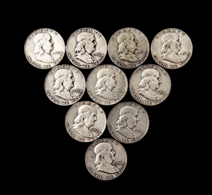 10 Franklin Half Dollars- 1950's