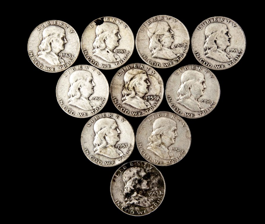 10 Franklin Half Dollars- 1950's